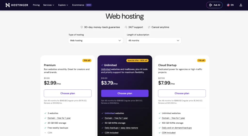 Hostinger Pricing Plans